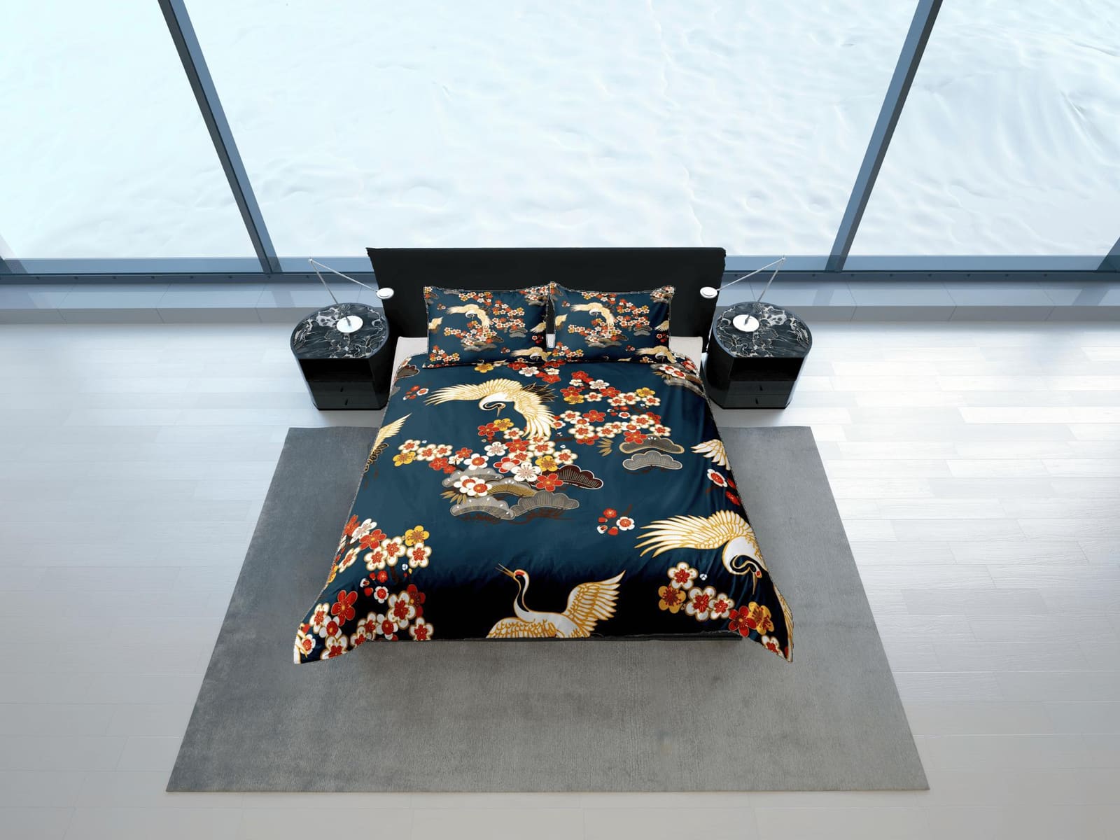 Green Duvet Cover Set Floral Bedspread Japanese Art Dorm Bedding with Pillowcase