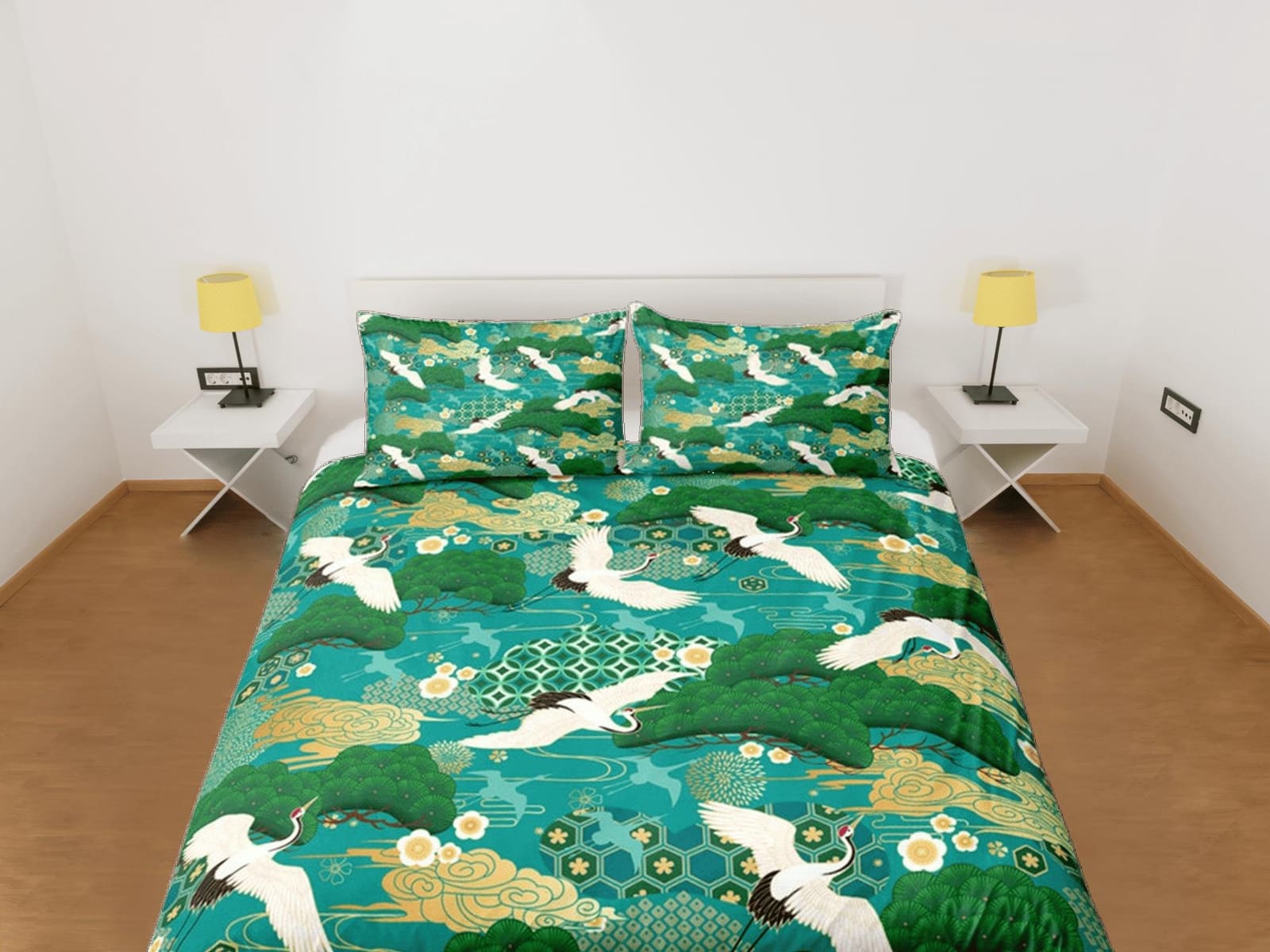 Green Duvet Cover Set Japanese Crane Bird Bedspread, Dorm Bedding with Pillowcase