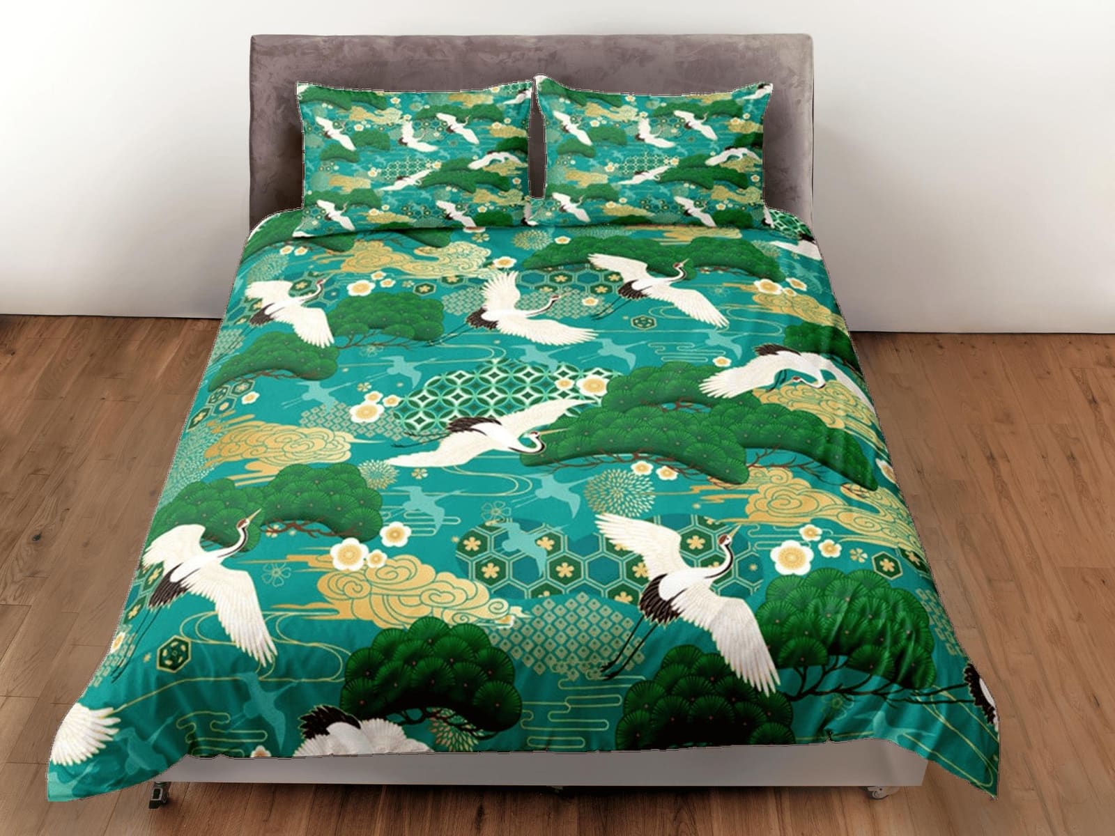 Green Duvet Cover Set Japanese Crane Bird Bedspread, Dorm Bedding with Pillowcase