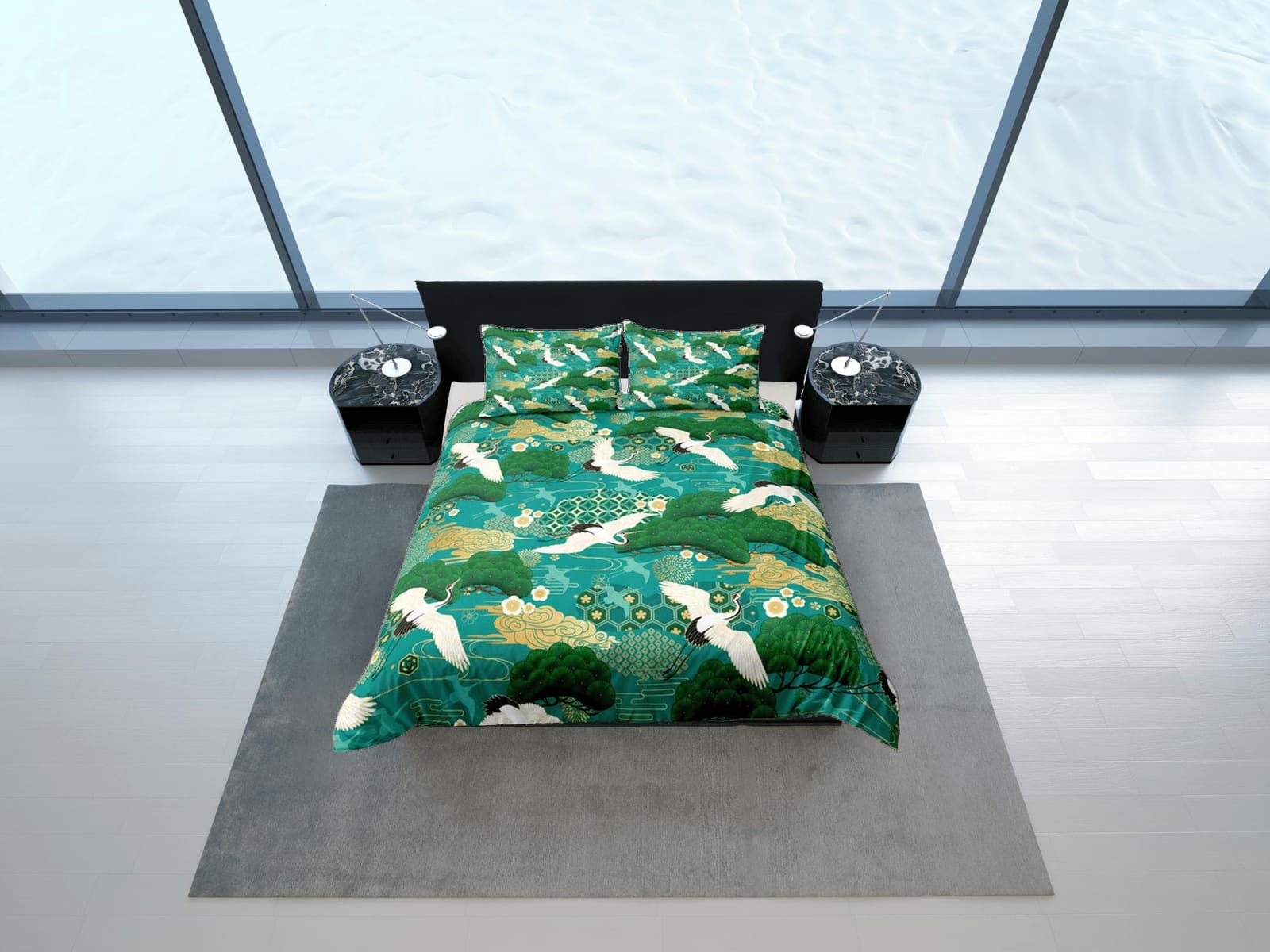 Green Duvet Cover Set Japanese Crane Bird Bedspread, Dorm Bedding with Pillowcase