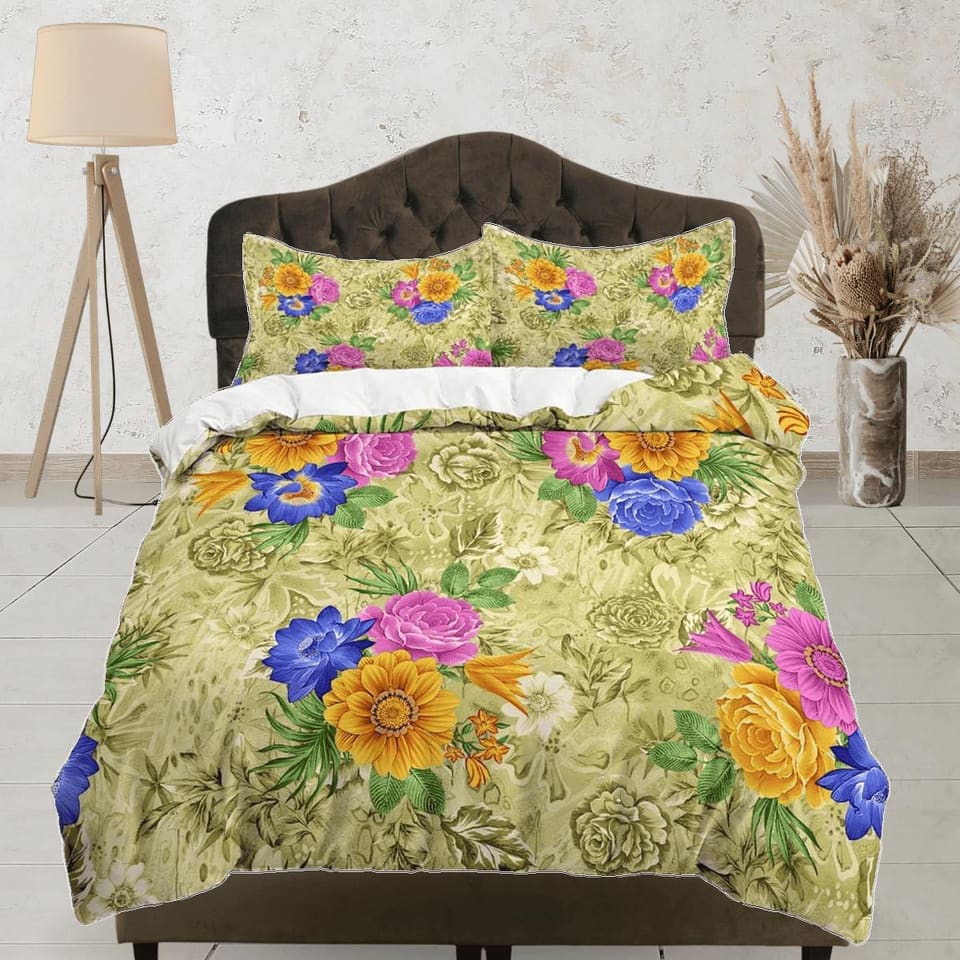 Green floral duvet cover shabby chic bedding colorful flowers, teen girl bedroom, baby girl crib bedding boho maximalist b…