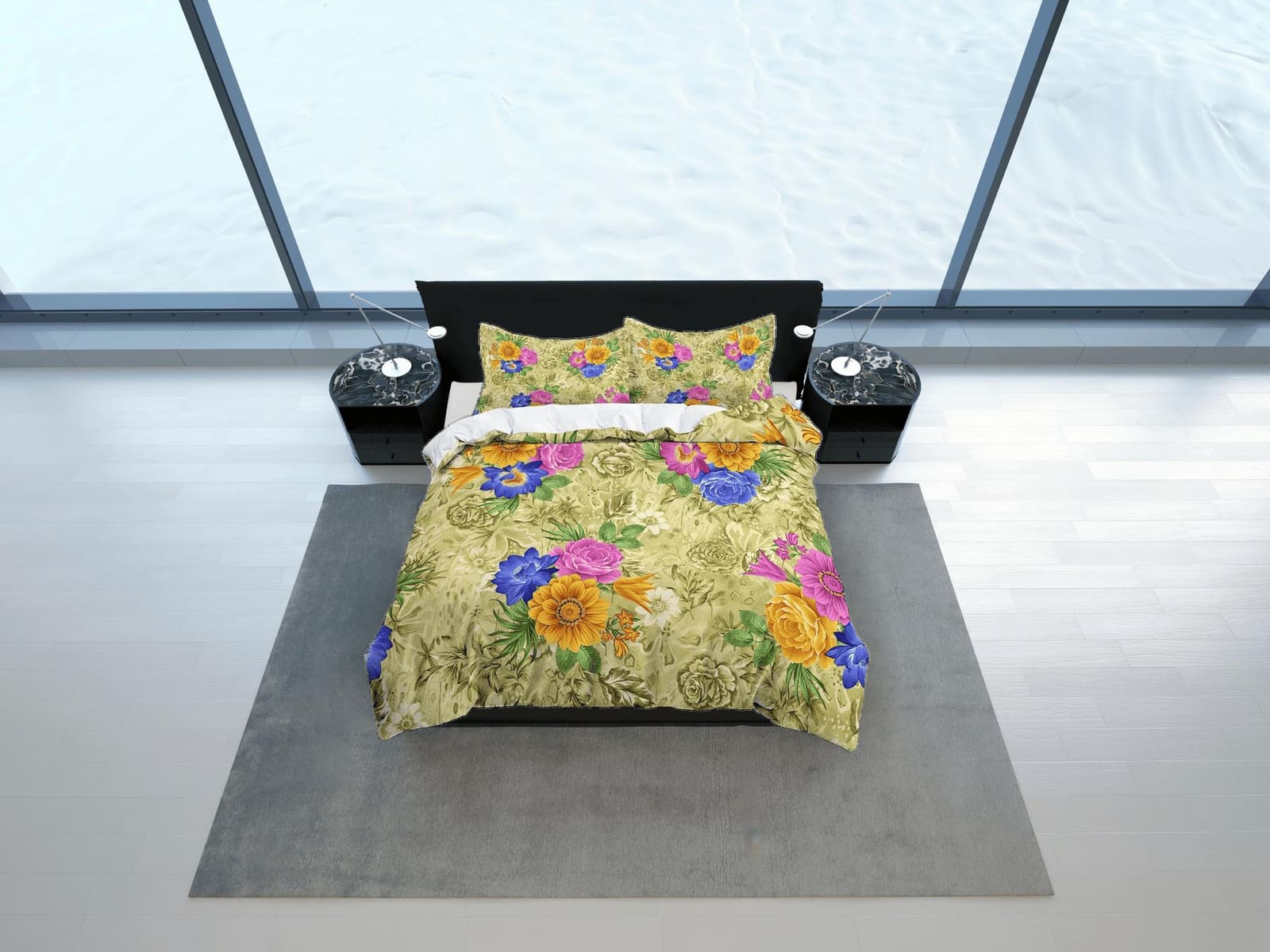 Green floral duvet cover shabby chic bedding colorful flowers, teen girl bedroom, baby girl crib bedding boho maximalist b…