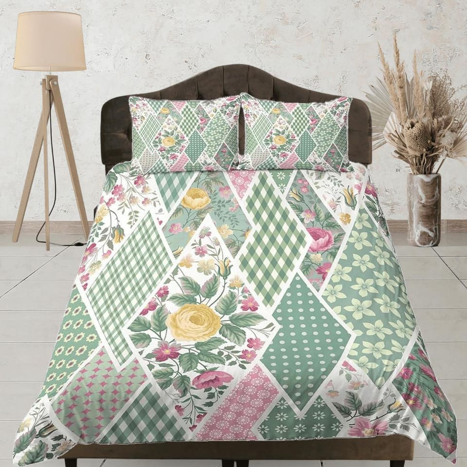 Green floral patchwork quilt printed duvet cover set, aesthetic room decor bedding set full, king, queen size, boho bedspr…