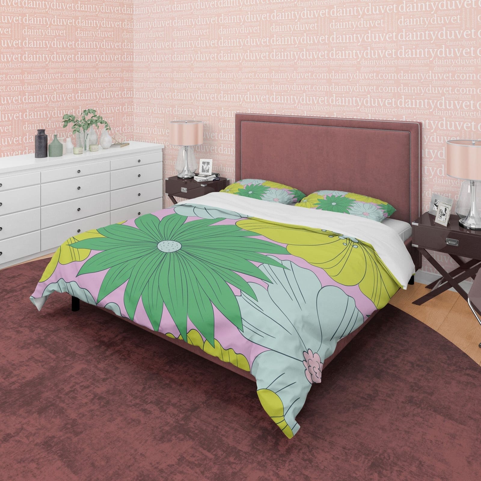Green Flower Boho Bedding Colorful Duvet Cover Bohemian Bedroom Set, Bright Color Unique Room Decor Floral Quilt Cover, Ae…