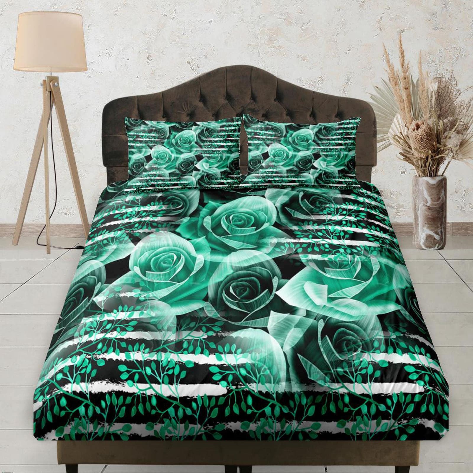Green Hue Roses Fitted Bedsheet Deep Pocket, Floral Prints, Aesthetic Boho Bedding Set Full, Dorm Bedding, Crib Sheet, Kin…