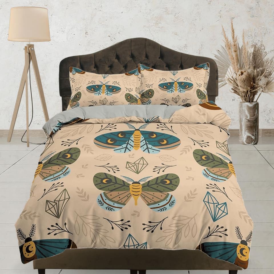 Green Luna Moth Boho Beige Bedding, Crystal Bohemian, Dorm Bedding, Duvet Cover Set, Aesthetic Duvet Cover King Queen Full…
