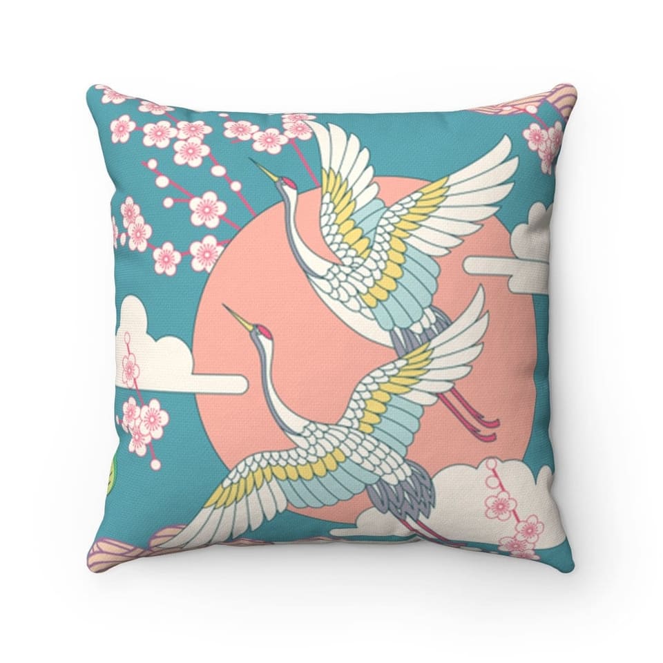 Green Pillowcase with Crane and Cherry Blossoms Prints, Japanese Fabric Chair Cushion Cover, Japanese Decor Square Pillow…