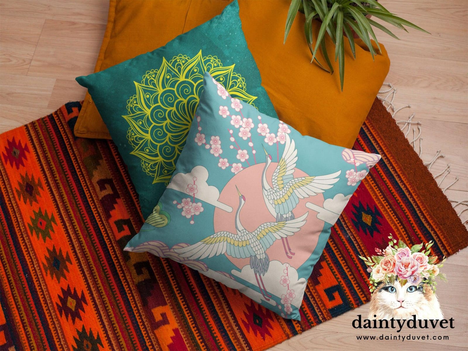 Green Pillowcase with Crane and Cherry Blossoms Prints, Japanese Fabric Chair Cushion Cover, Japanese Decor Square Pillow…