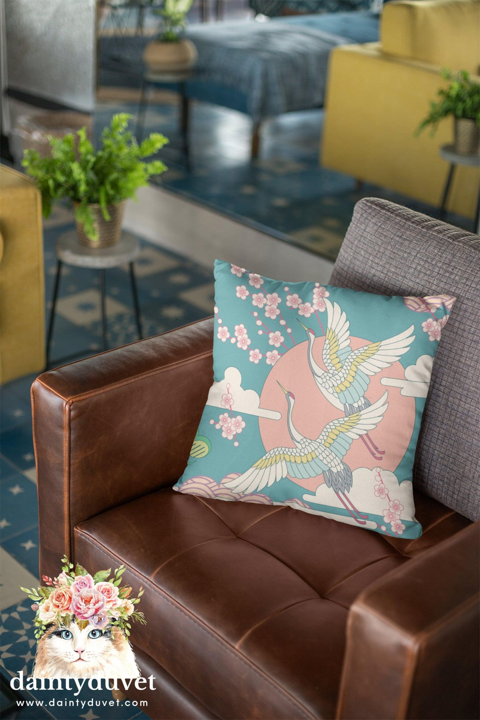 Green Pillowcase with Crane and Cherry Blossoms Prints, Japanese Fabric Chair Cushion Cover, Japanese Decor Square Pillow…