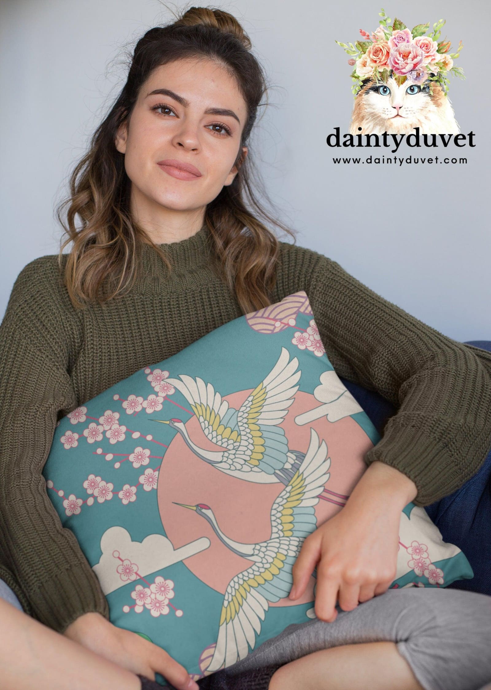 Green Pillowcase with Crane and Cherry Blossoms Prints, Japanese Fabric Chair Cushion Cover, Japanese Decor Square Pillow…