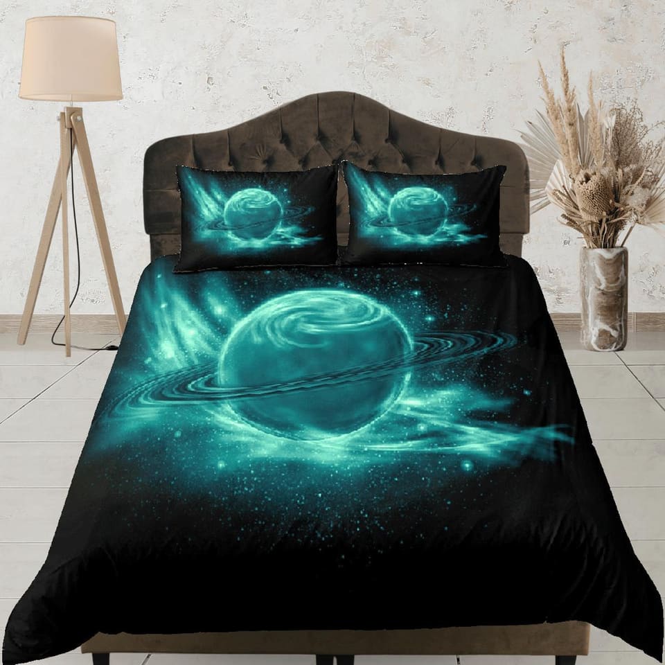 Green planet duvet cover set, Saturn galaxy bedding, outer space bedding set full, duvet cover king, queen, dorm bedding,…