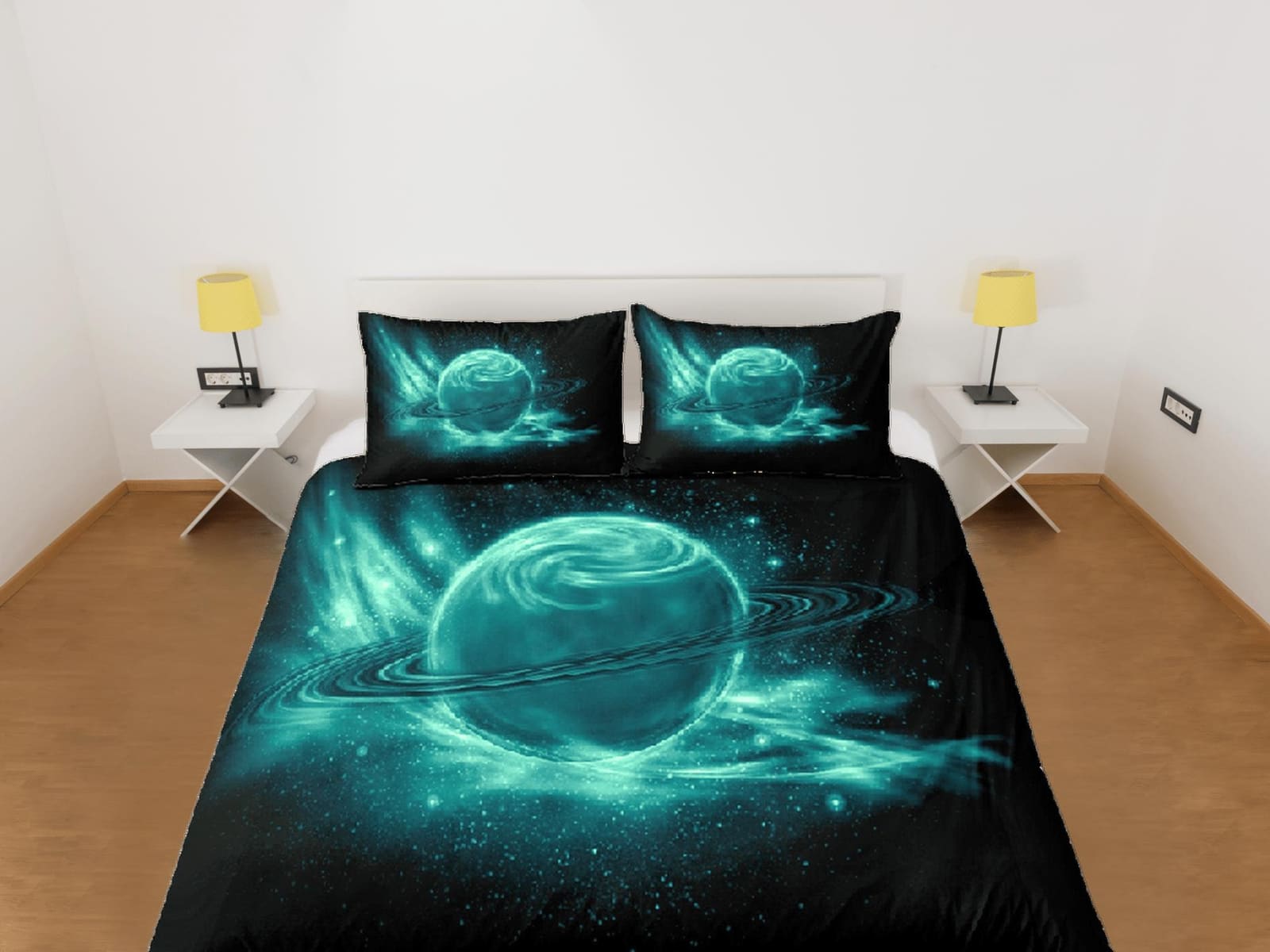 Green planet duvet cover set, Saturn galaxy bedding, outer space bedding set full, duvet cover king, queen, dorm bedding,…