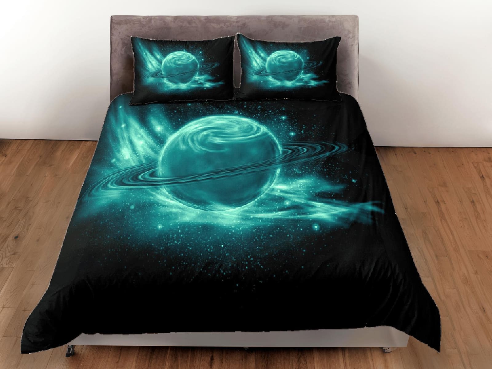 Green planet duvet cover set, Saturn galaxy bedding, outer space bedding set full, duvet cover king, queen, dorm bedding,…