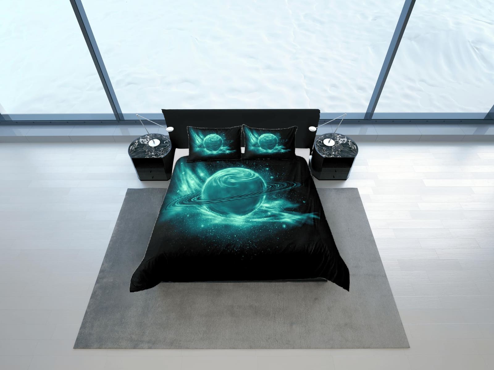 Green planet duvet cover set, Saturn galaxy bedding, outer space bedding set full, duvet cover king, queen, dorm bedding,…
