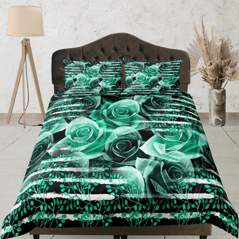 Green roses floral duvet cover colorful bedding, teen girl bedroom, baby girl crib bedding boho maximalist bedspread aesth…