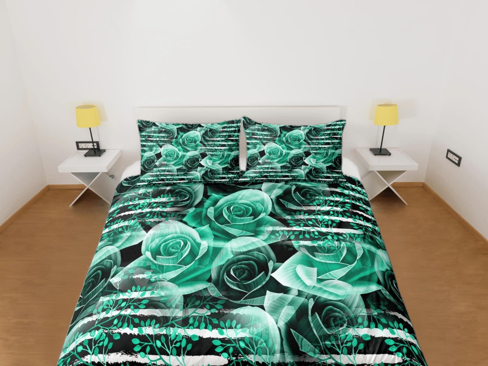 Green roses floral duvet cover colorful bedding, teen girl bedroom, baby girl crib bedding boho maximalist bedspread aesth…