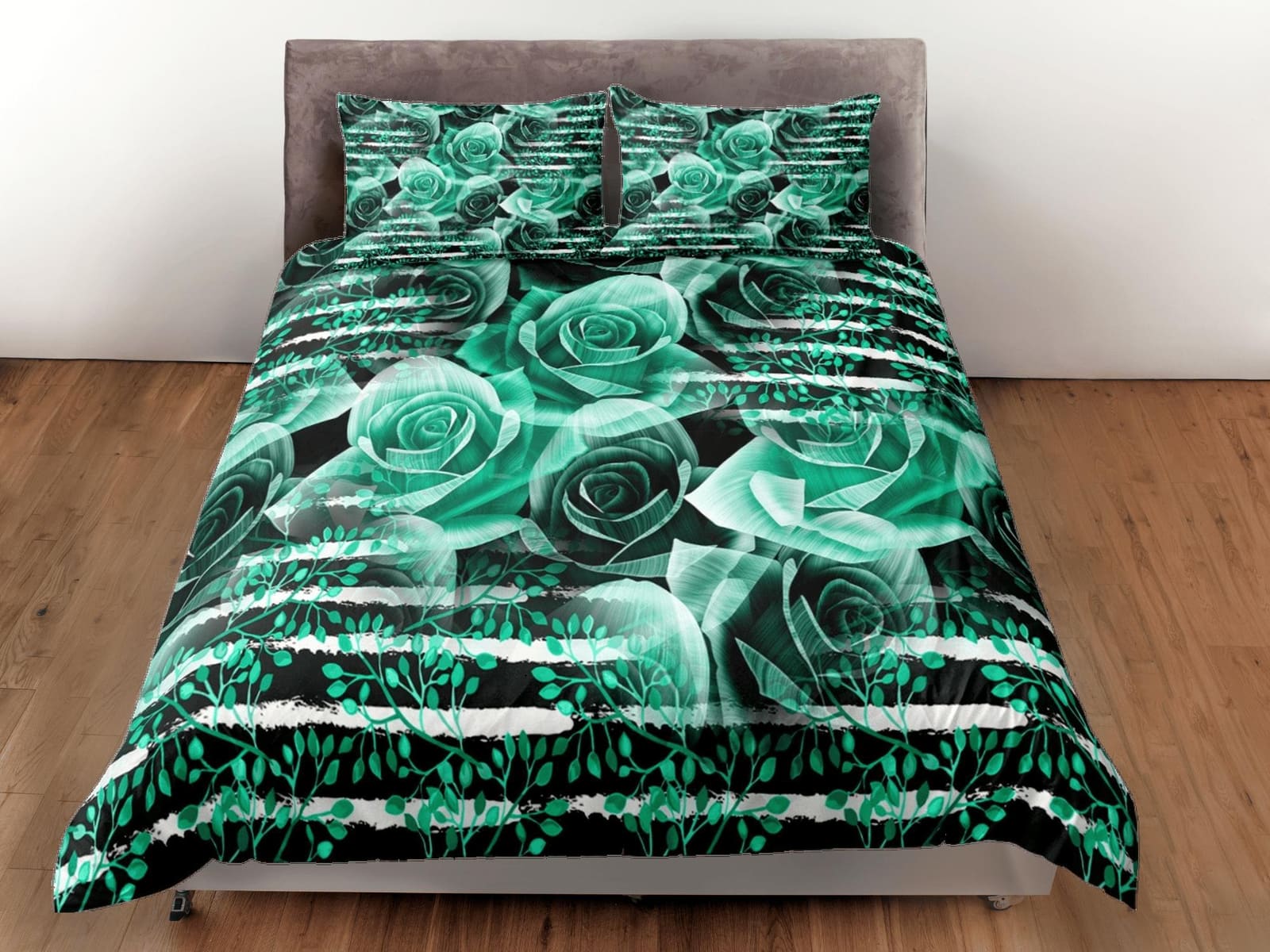 Green roses floral duvet cover colorful bedding, teen girl bedroom, baby girl crib bedding boho maximalist bedspread aesth…