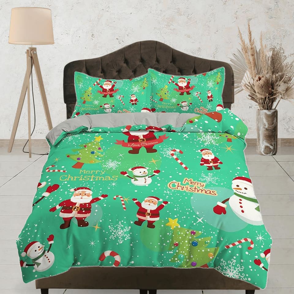 Green santa claus and snowman duvet cover set, christmas full size bedding & pillowcase, college bedding, crib toddler bed…
