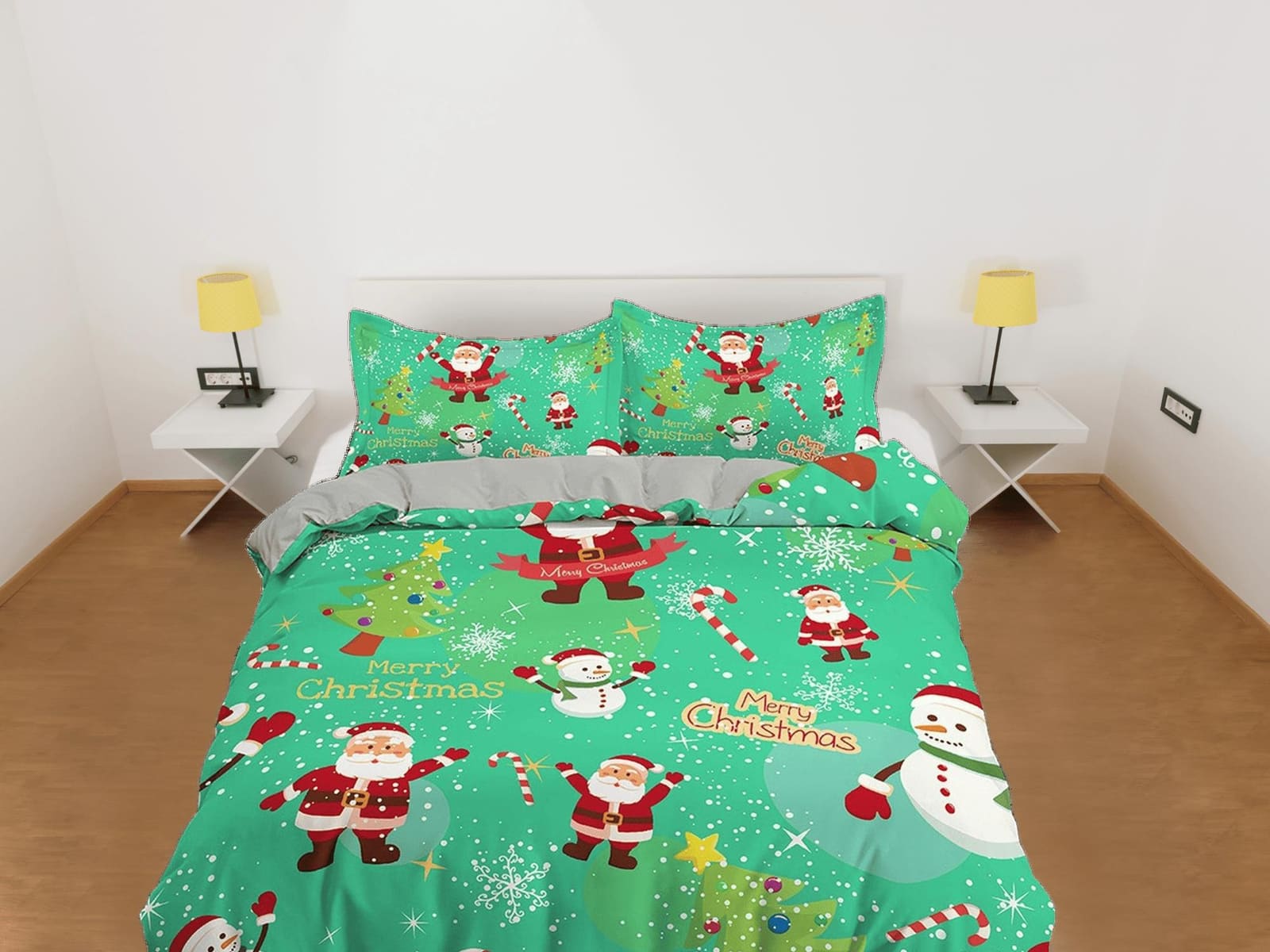 Green santa claus and snowman duvet cover set, christmas full size bedding & pillowcase, college bedding, crib toddler bed…