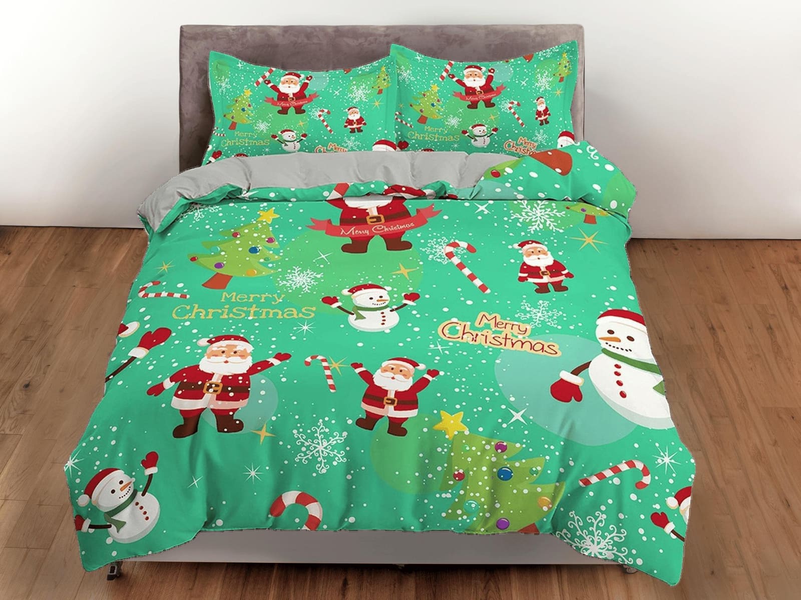 Green santa claus and snowman duvet cover set, christmas full size bedding & pillowcase, college bedding, crib toddler bed…