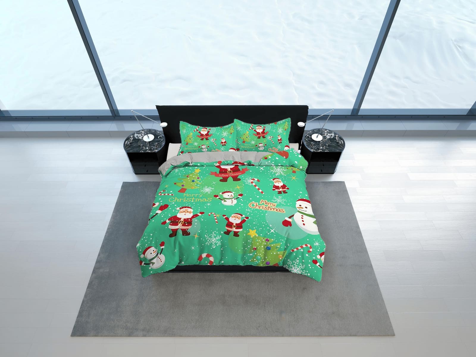 Green santa claus and snowman duvet cover set, christmas full size bedding & pillowcase, college bedding, crib toddler bed…