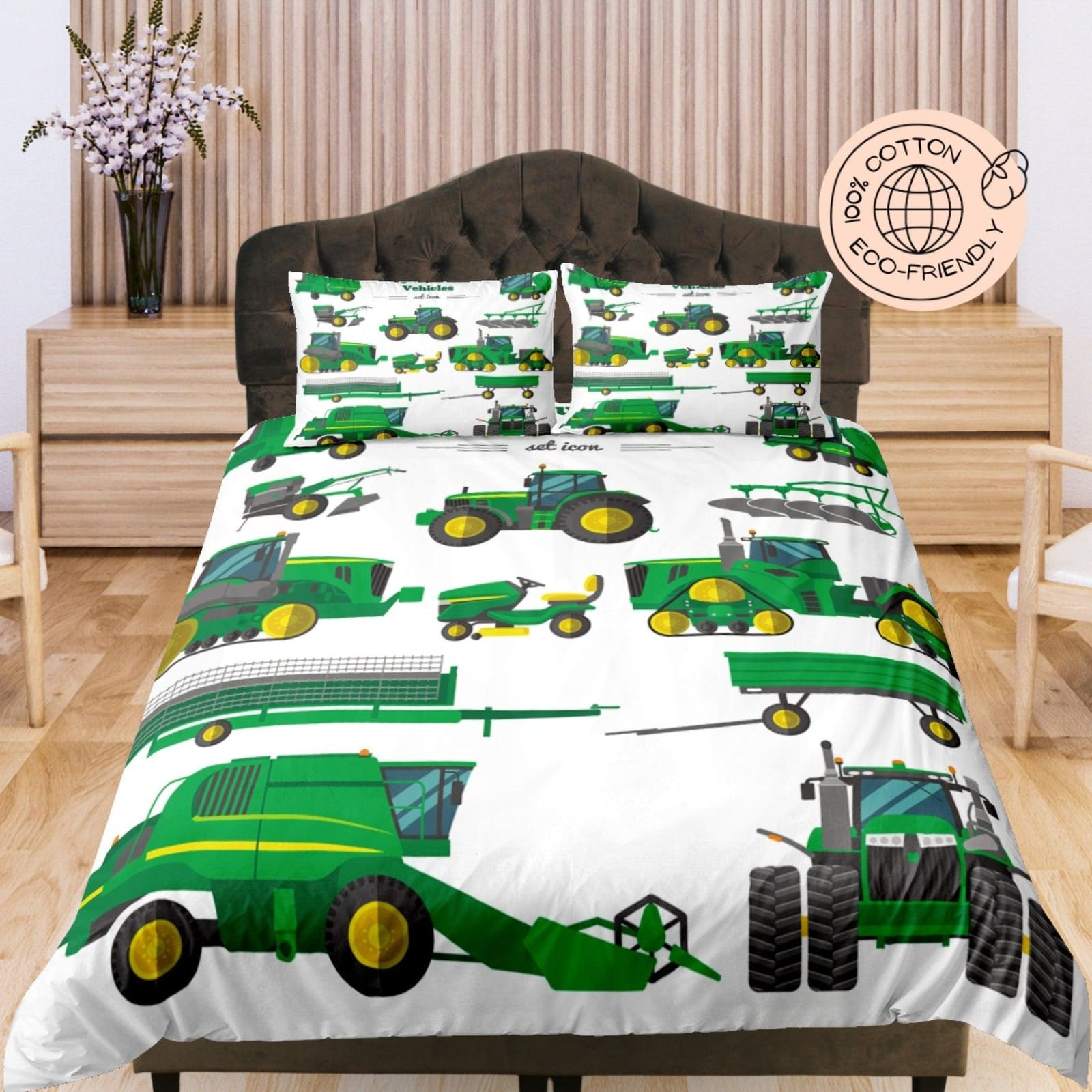 Green Trucks, Construction Work Themed Cotton Duvet Cover Set for Kids, Toddler Bedding, Baby Zipper Bedding, Nursery Bedd…