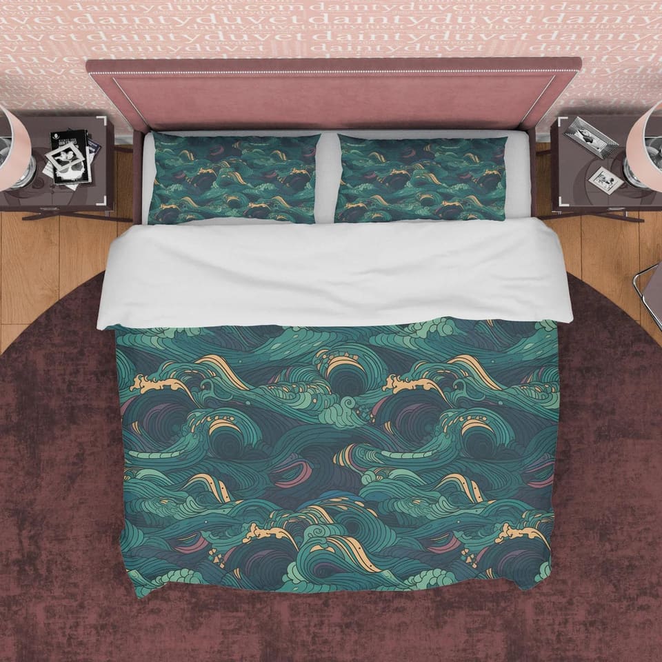 Green Wavy Geometric European Pattern Duvet Cover, Retro Bedspread Vintage Blanket Cover , Emerald Wave Quilt Cover, Zippe…