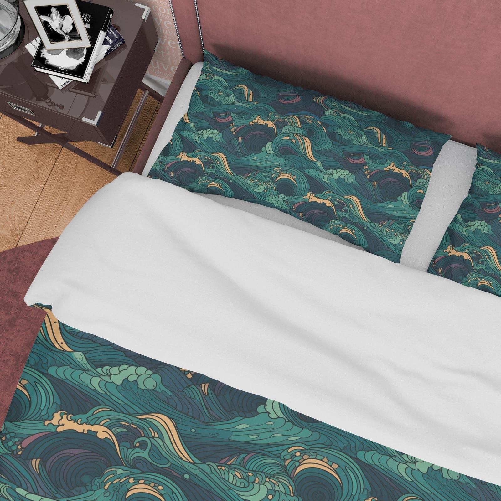 Green Wavy Geometric European Pattern Duvet Cover, Retro Bedspread Vintage Blanket Cover , Emerald Wave Quilt Cover, Zippe…