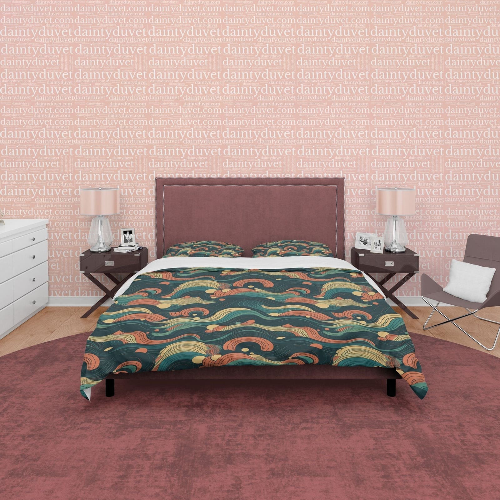 Green Wavy Pattern Retro Bedding Set, Abstract Design Duvet Cover, Boho Quilt Cover, Unique Bedspread, Nostalgic Bed Cover…