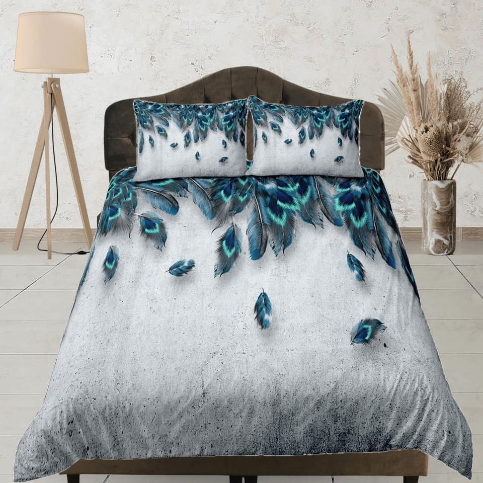 Grey duvet cover with peacock feather aesthetic bedding set full, luxury duvet queen, king, boho duvet, designer bedding,…