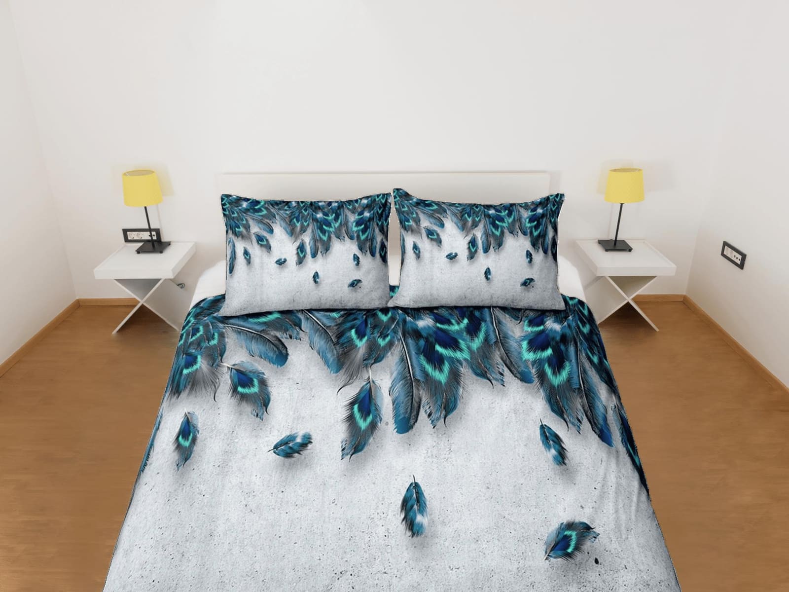 Grey duvet cover with peacock feather aesthetic bedding set full, luxury duvet queen, king, boho duvet, designer bedding,…