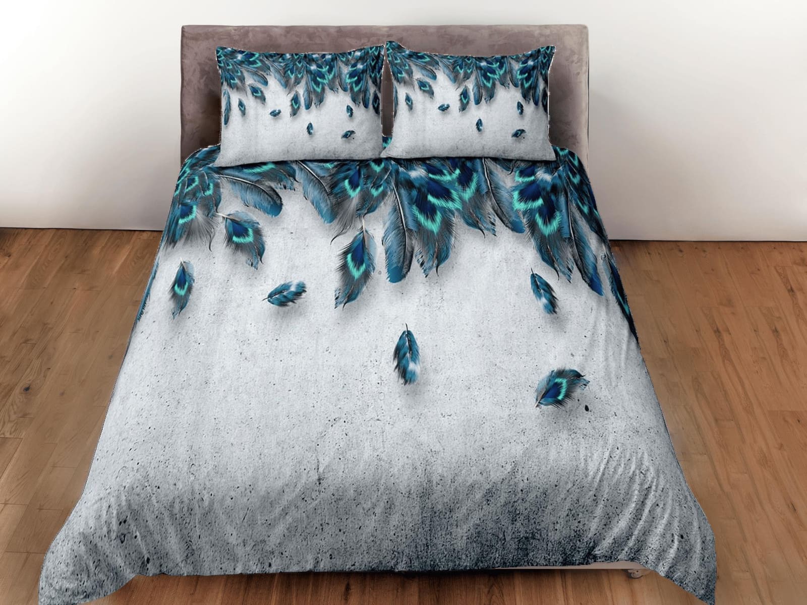 Grey duvet cover with peacock feather aesthetic bedding set full, luxury duvet queen, king, boho duvet, designer bedding,…