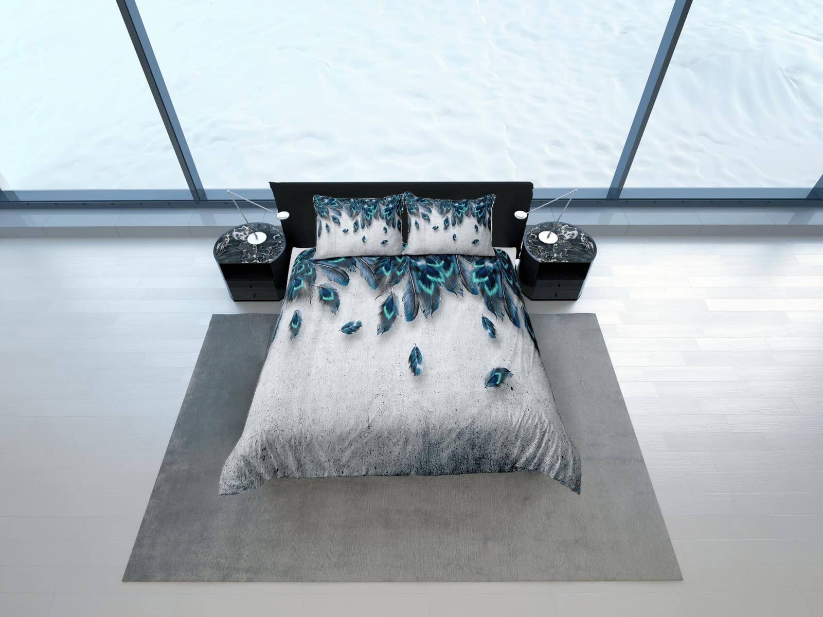 Grey duvet cover with peacock feather aesthetic bedding set full, luxury duvet queen, king, boho duvet, designer bedding,…