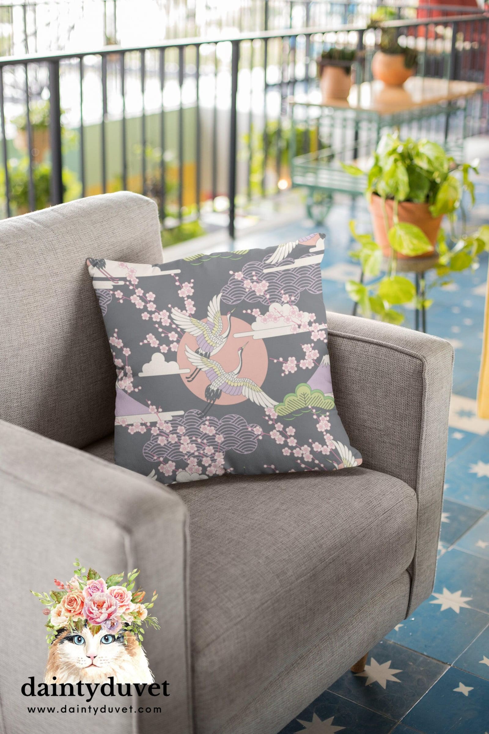 Grey Oriental Pillowcase with Crane and Cherry Blossoms Prints, Japanese Fabric Chair Cushion Cover, Japanese Decor Square…
