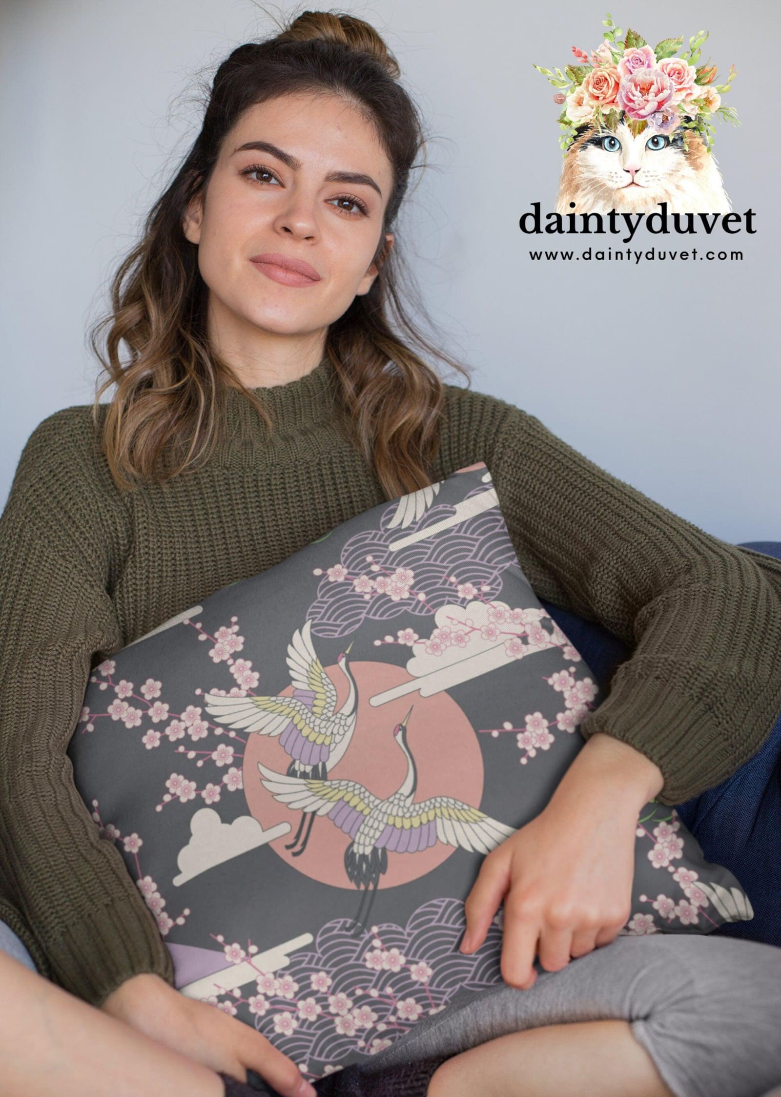 Grey Oriental Pillowcase with Crane and Cherry Blossoms Prints, Japanese Fabric Chair Cushion Cover, Japanese Decor Square…
