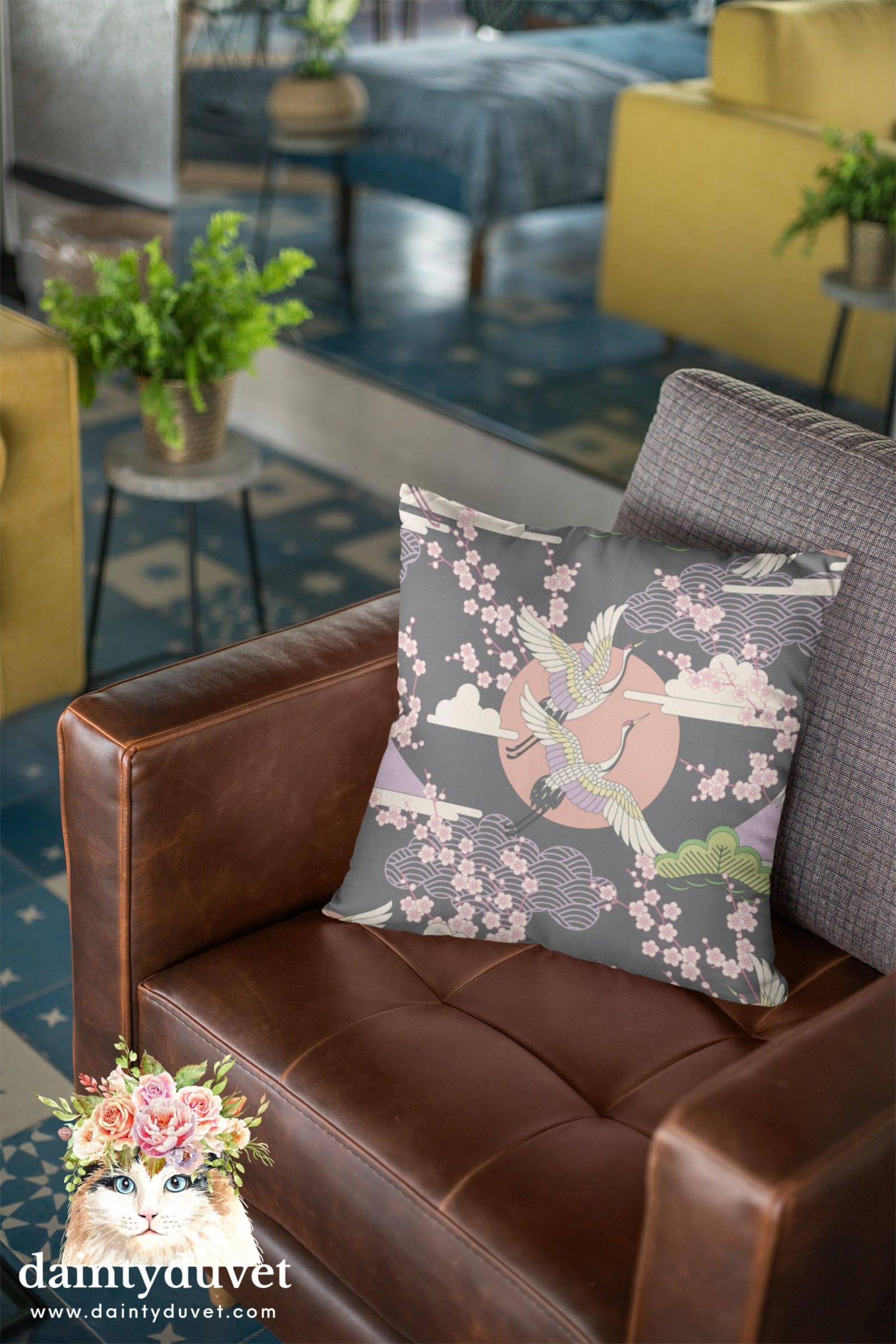Grey Oriental Pillowcase with Crane and Cherry Blossoms Prints, Japanese Fabric Chair Cushion Cover, Japanese Decor Square…