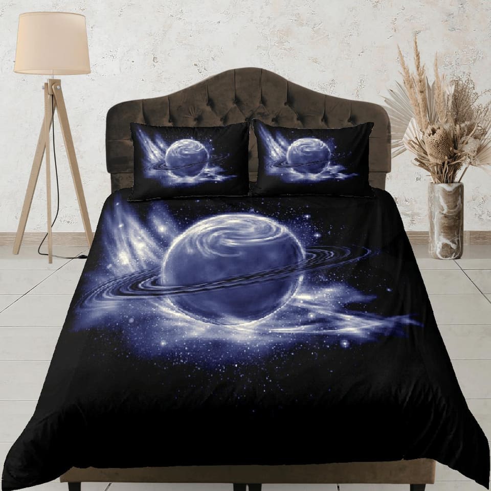 Grey planet duvet cover set, Saturn galaxy bedding, outer space bedding set full, duvet cover king, queen, dorm bedding, t…