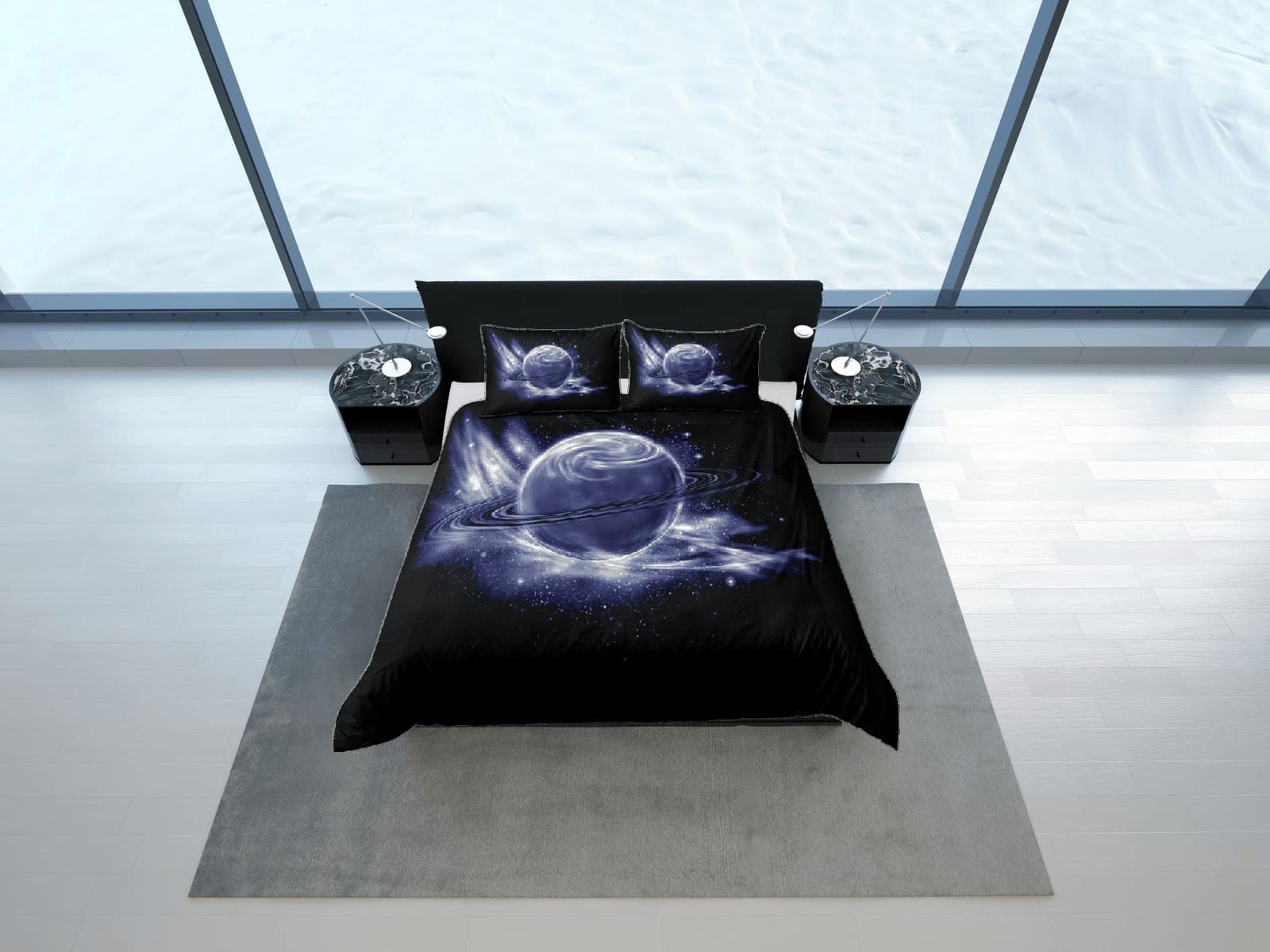 Grey planet duvet cover set, Saturn galaxy bedding, outer space bedding set full, duvet cover king, queen, dorm bedding, t…