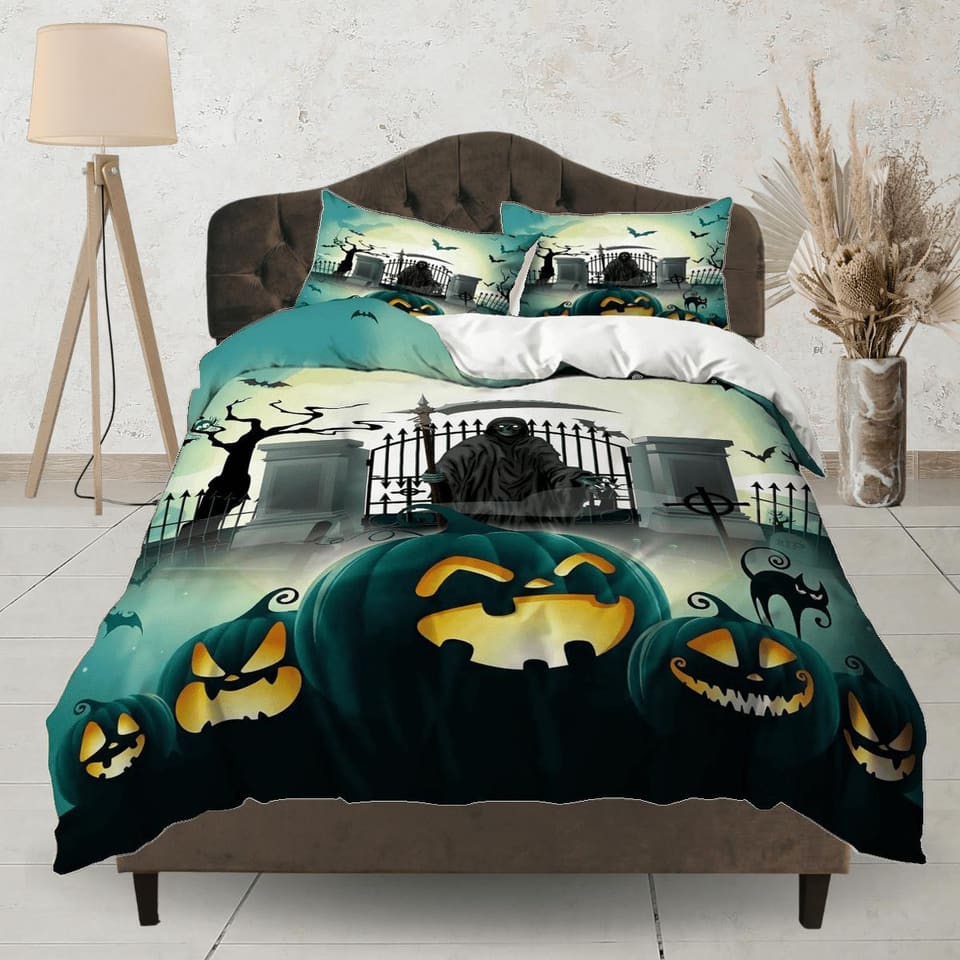 Grim reaper black cat pumpkin halloween bedding & pillowcase, green duvet cover, dorm bedding, goth decor toddler bedding,…