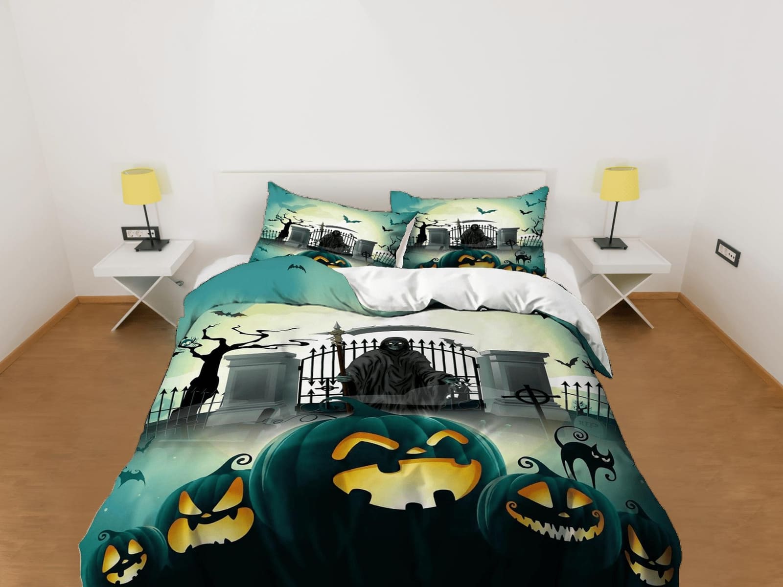 Grim reaper black cat pumpkin halloween bedding & pillowcase, green duvet cover, dorm bedding, goth decor toddler bedding,…