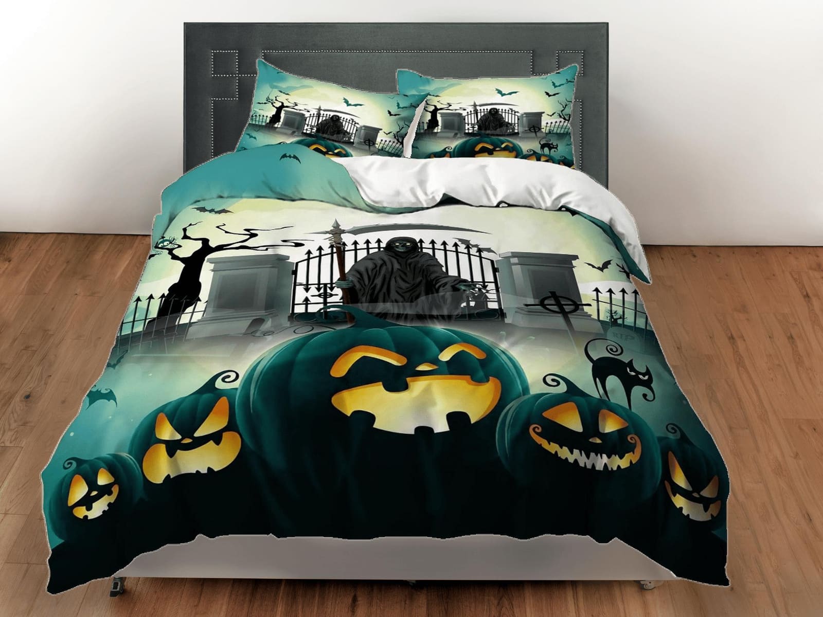 Grim reaper black cat pumpkin halloween bedding & pillowcase, green duvet cover, dorm bedding, goth decor toddler bedding,…
