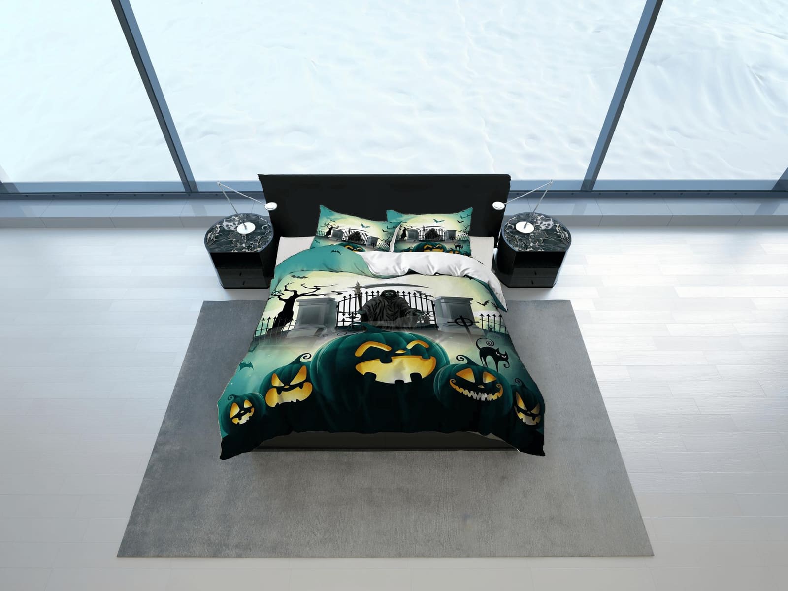 Grim reaper black cat pumpkin halloween bedding & pillowcase, green duvet cover, dorm bedding, goth decor toddler bedding,…