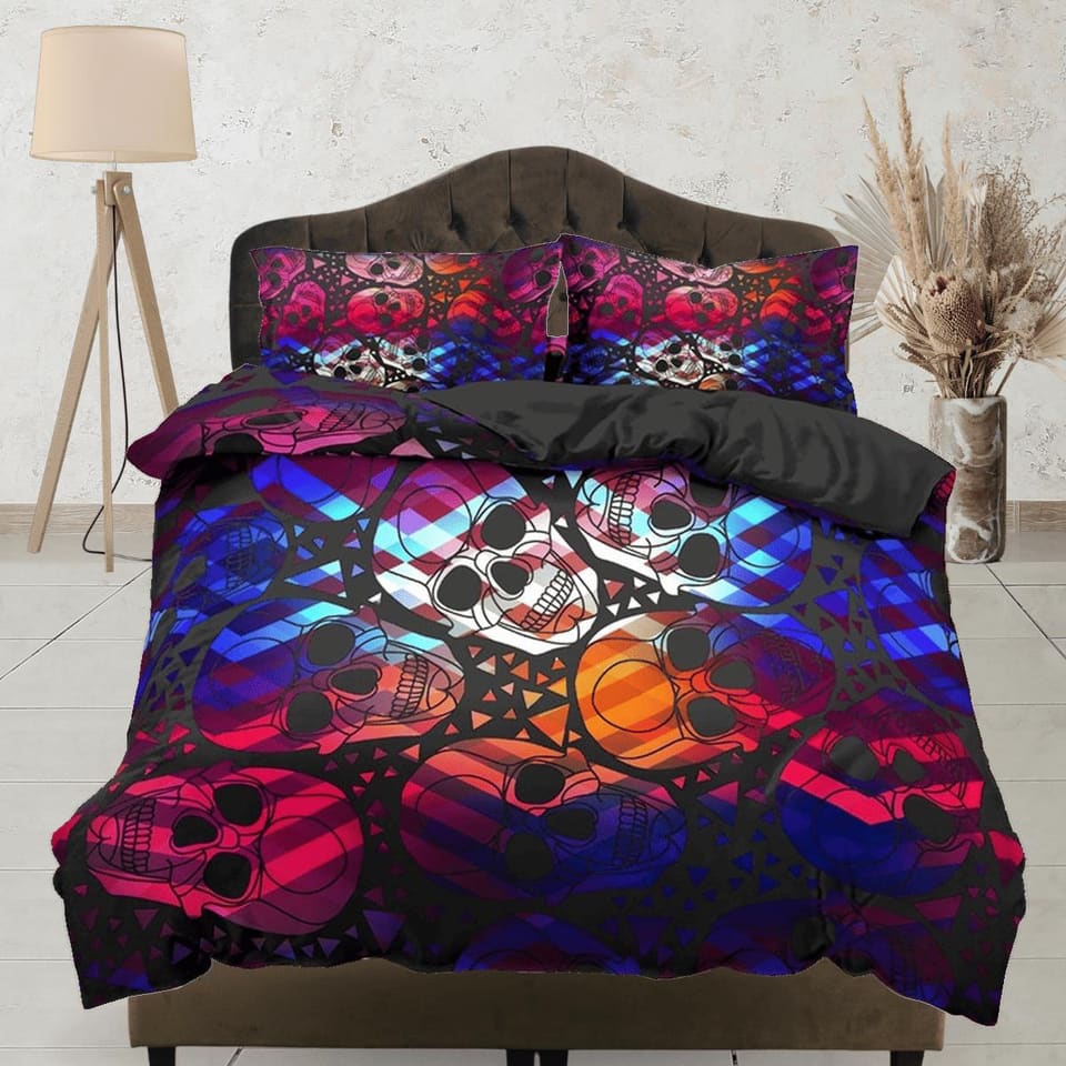 Halloween Bedding Colorful Skulls Black Duvet Cover Set Bedspread, Dorm Bedding with Pillowcase, Halloween Gift Teens Kids…