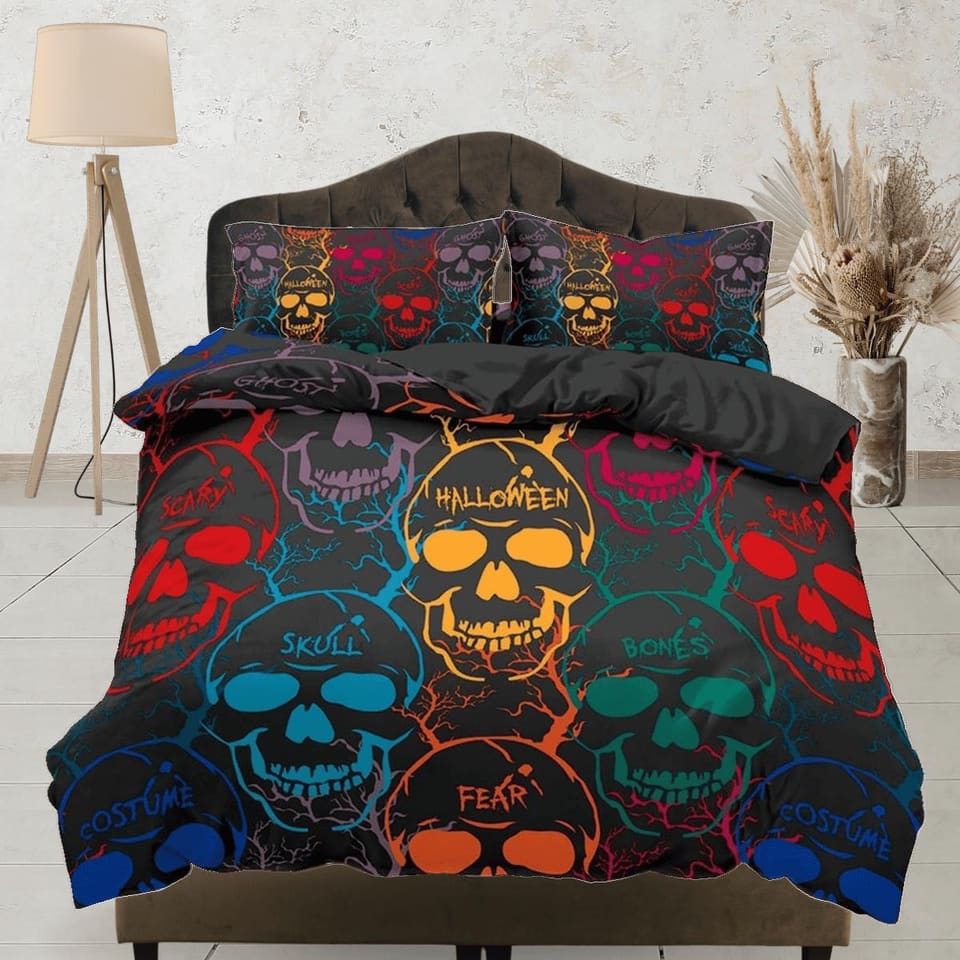 Halloween Bedding Colorful Skulls Black Duvet Cover Set Bedspread, Dorm Bedding with Pillowcase, Halloween Gift Teens Kids…