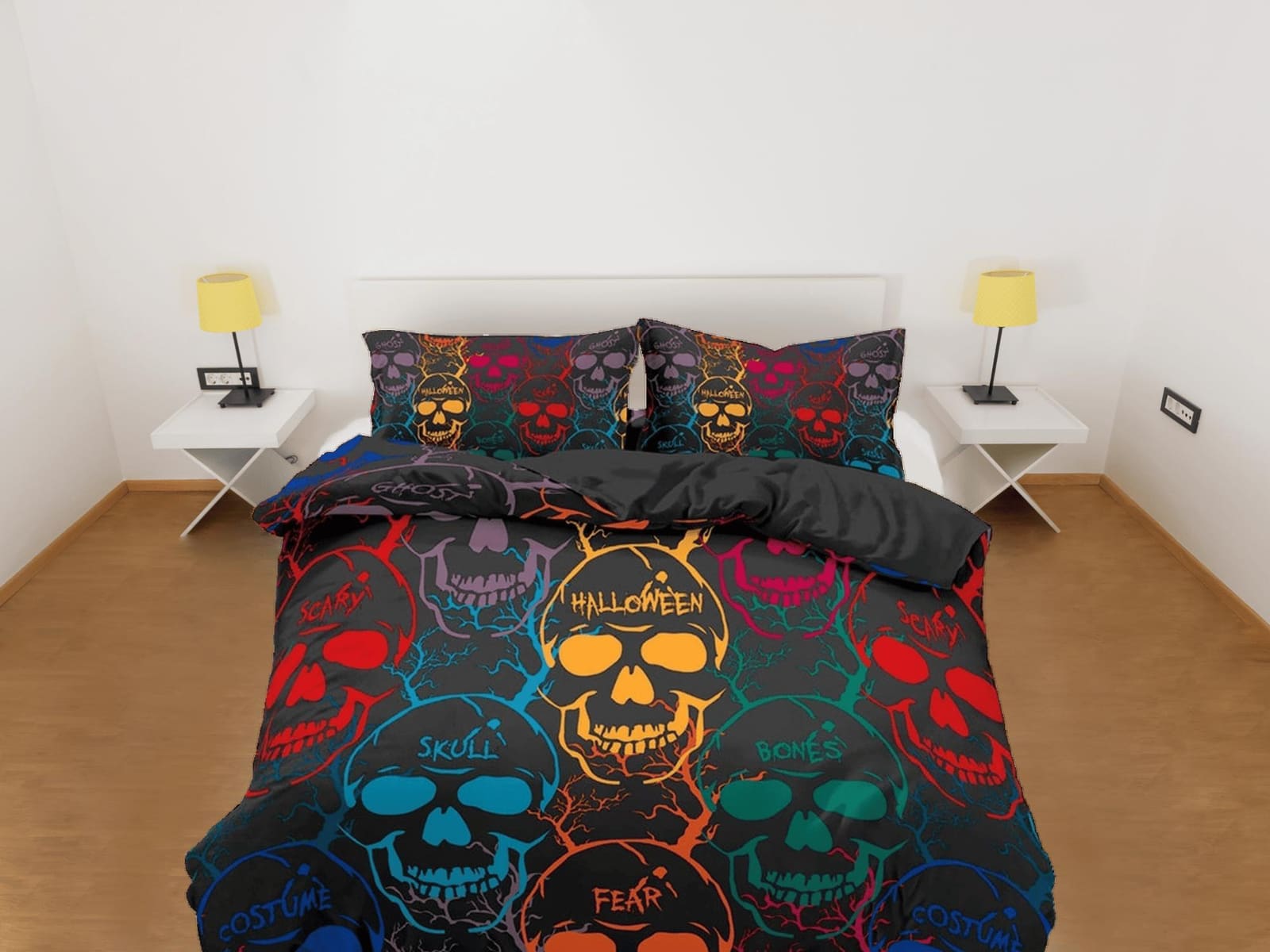 Halloween Bedding Colorful Skulls Black Duvet Cover Set Bedspread, Dorm Bedding with Pillowcase, Halloween Gift Teens Kids…