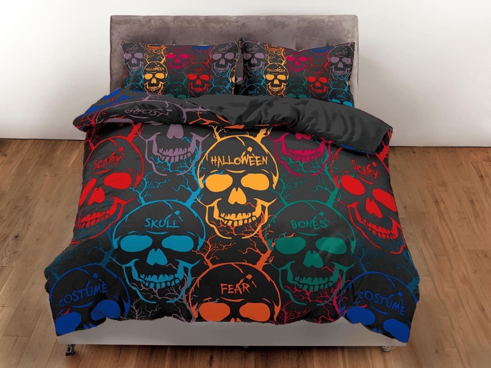 Halloween Bedding Colorful Skulls Black Duvet Cover Set Bedspread, Dorm Bedding with Pillowcase, Halloween Gift Teens Kids…