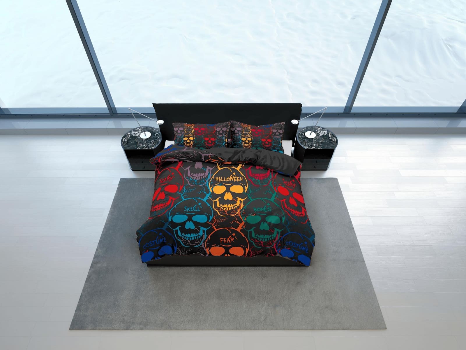 Halloween Bedding Colorful Skulls Black Duvet Cover Set Bedspread, Dorm Bedding with Pillowcase, Halloween Gift Teens Kids…