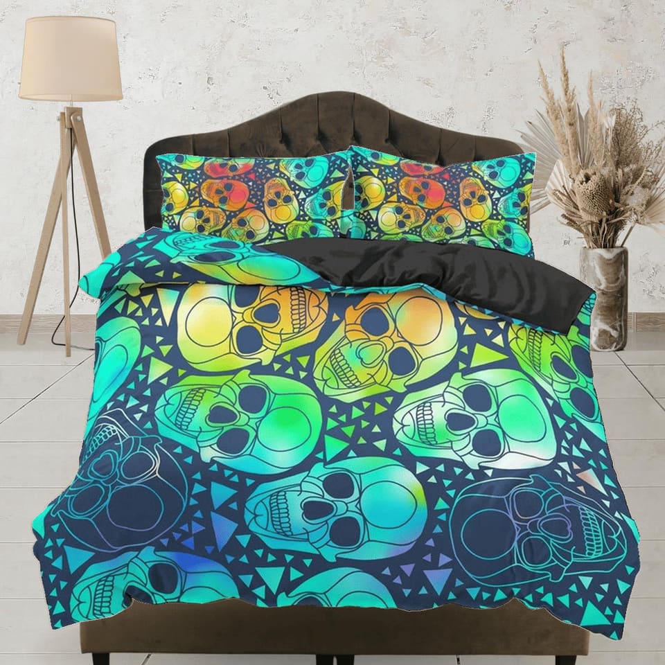 Halloween Bedding Colorful Skulls Duvet Cover Set Bedspread, Dorm Bedding with Pillowcase, Halloween Gift Teens Kids Adult…