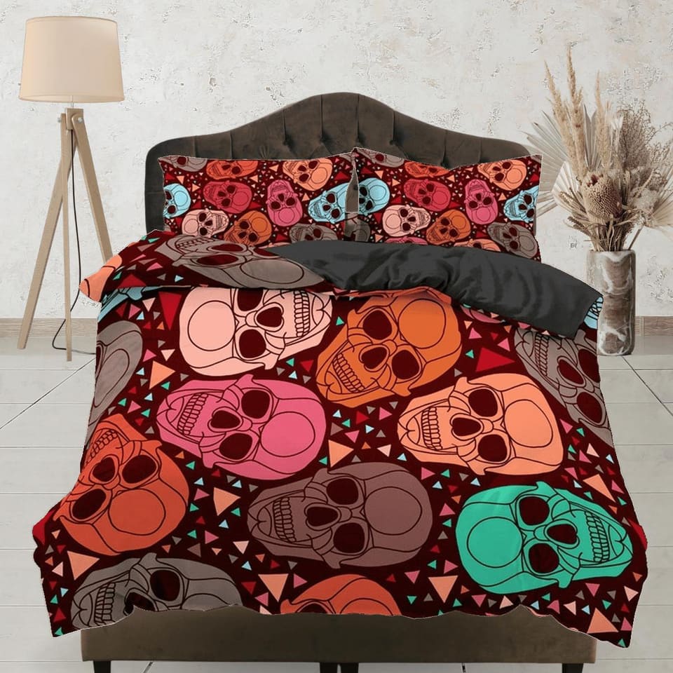 Halloween Bedding Colorful Skulls Duvet Cover Set Bedspread, Dorm Bedding with Pillowcase, Halloween Gift Teens Kids Adult…