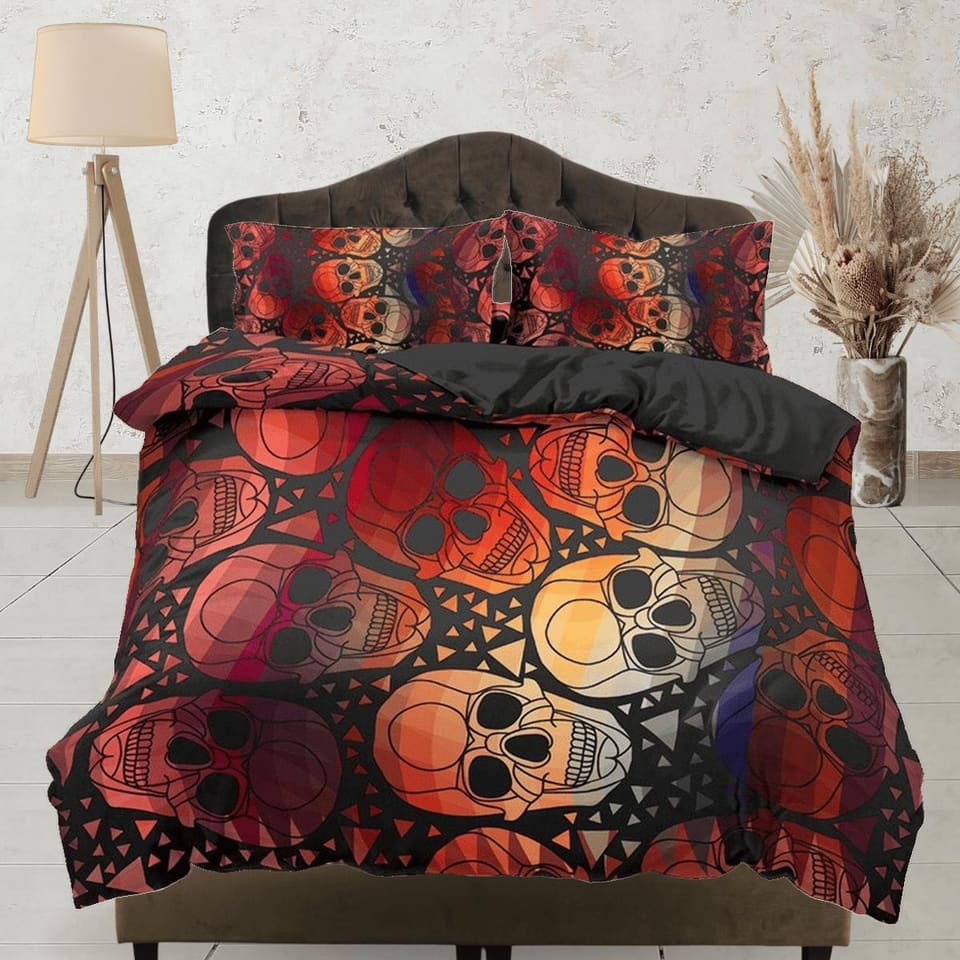 Halloween Bedding Colorful Skulls Duvet Cover Set Bedspread, Dorm Bedding with Pillowcase, Halloween Gift Teens Kids Adult…